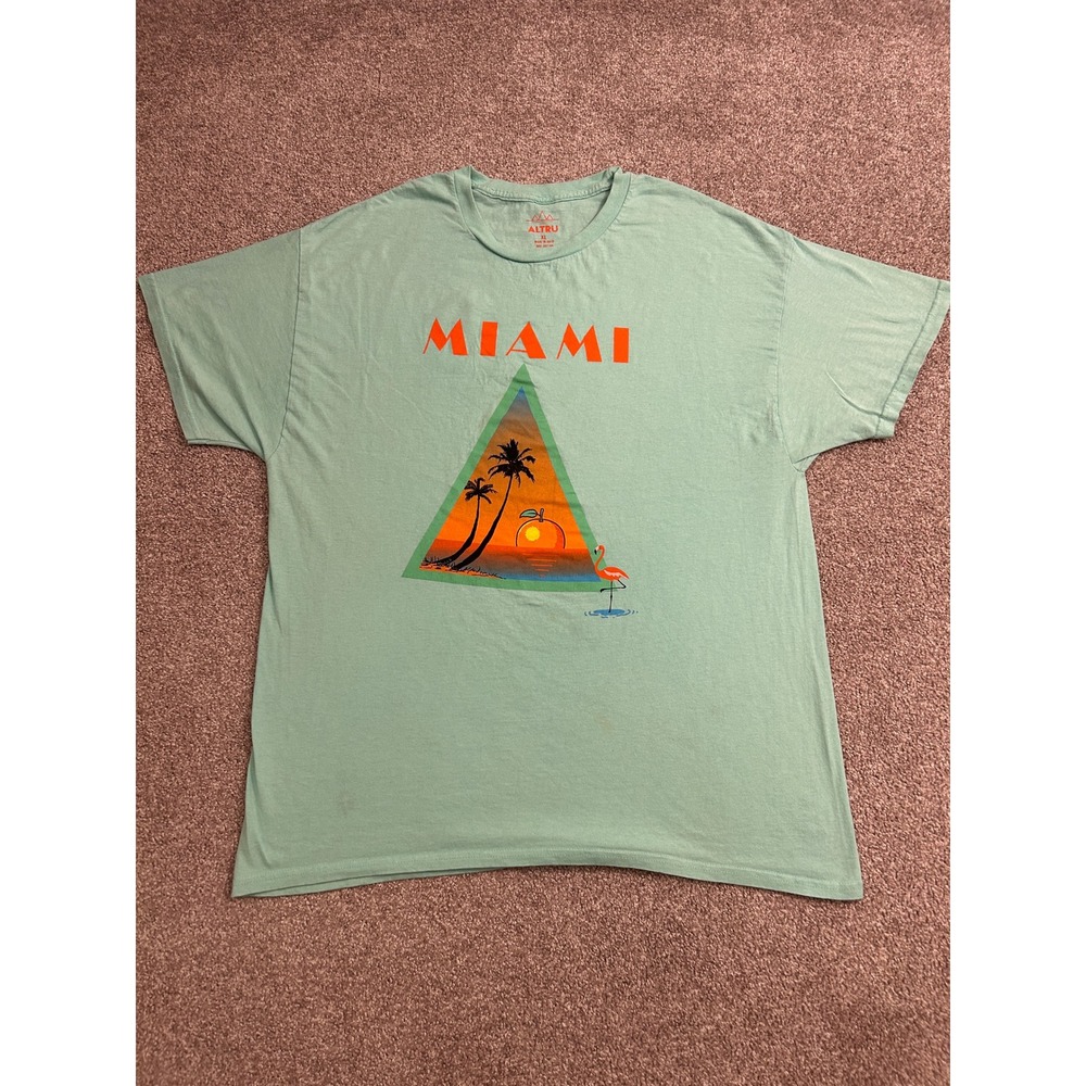 Altru Miami Graphic T-Shirt Mens XL Teal Green Good Flamingo Sunset Palm Tree